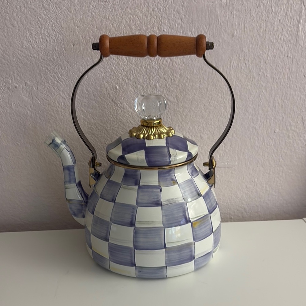 Mackenzie-Childs Hand-Painted Checkered Ceramic Teapot - Violet & White